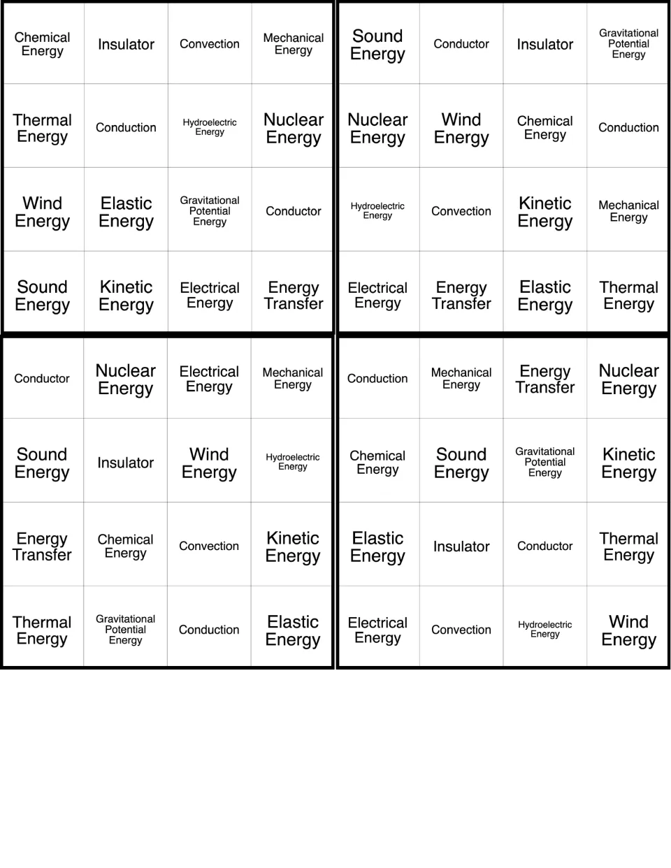 Energy BINGO cards 9–12 include chemical energy, insulator, convection, mechanical energy and 12 more terms.