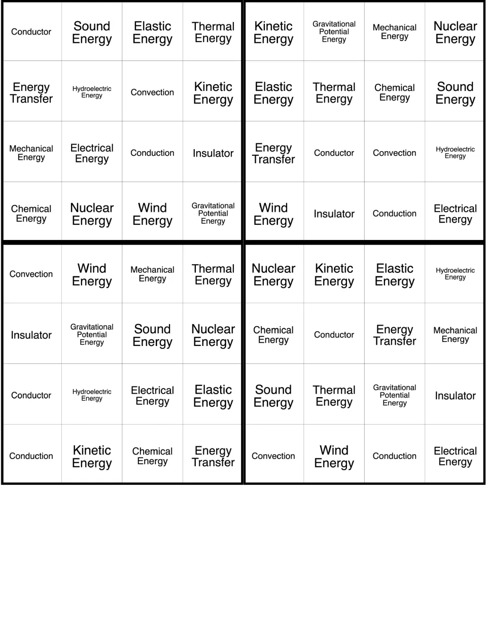 Energy BINGO cards 13–16 include conductor, sound energy, elastic energy, thermal energy and 12 more terms.