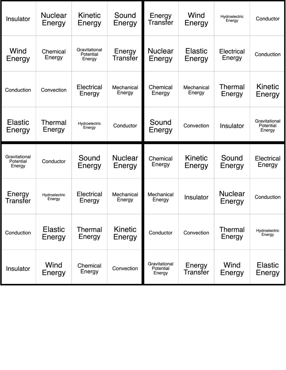 Energy BINGO cards 17–20 include insulator, nuclear energy, kinetic energy, sound energy and 12 more terms.