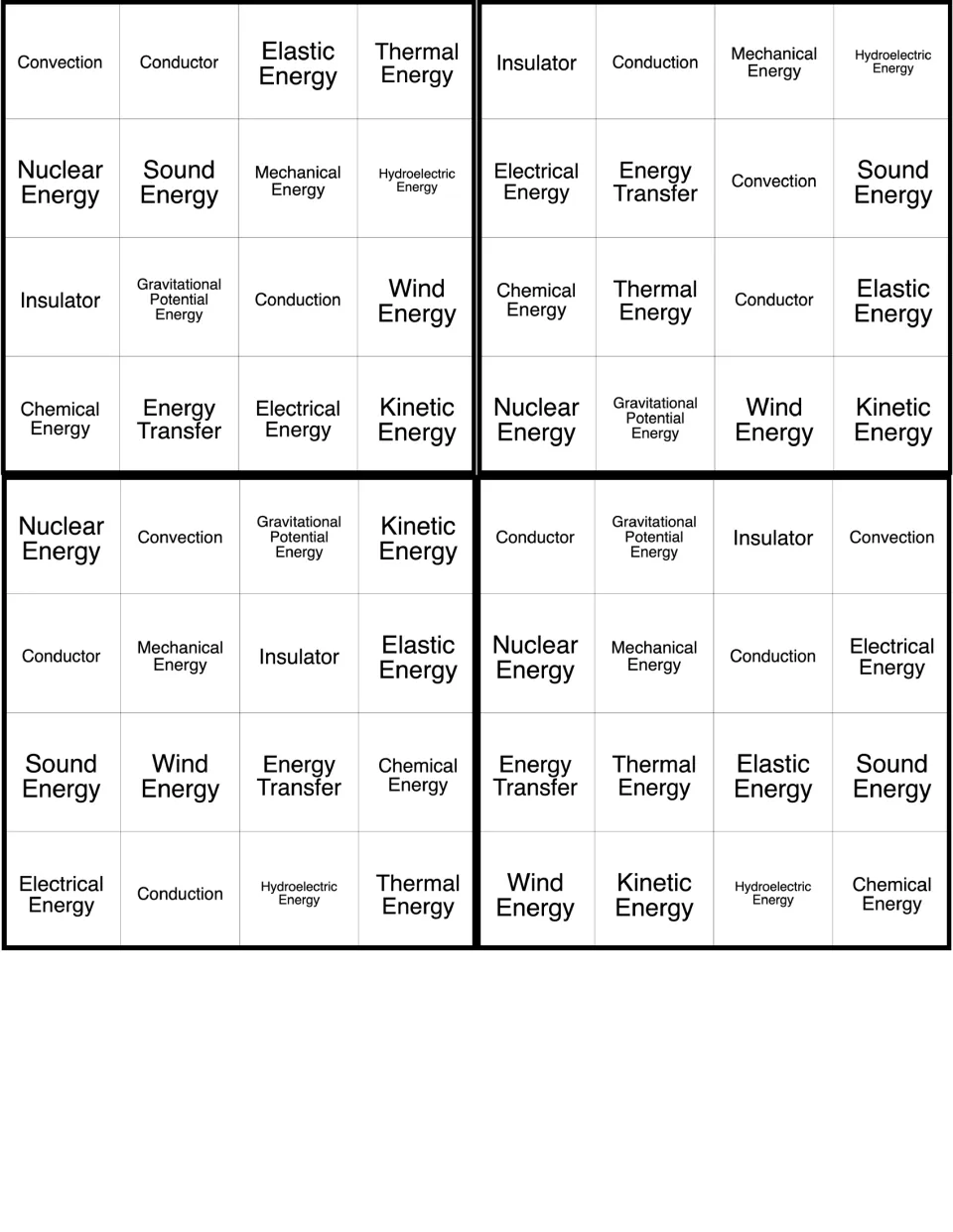 Energy BINGO cards 21–24 include convection, conductor, elastic energy, thermal energy and 12 more terms.