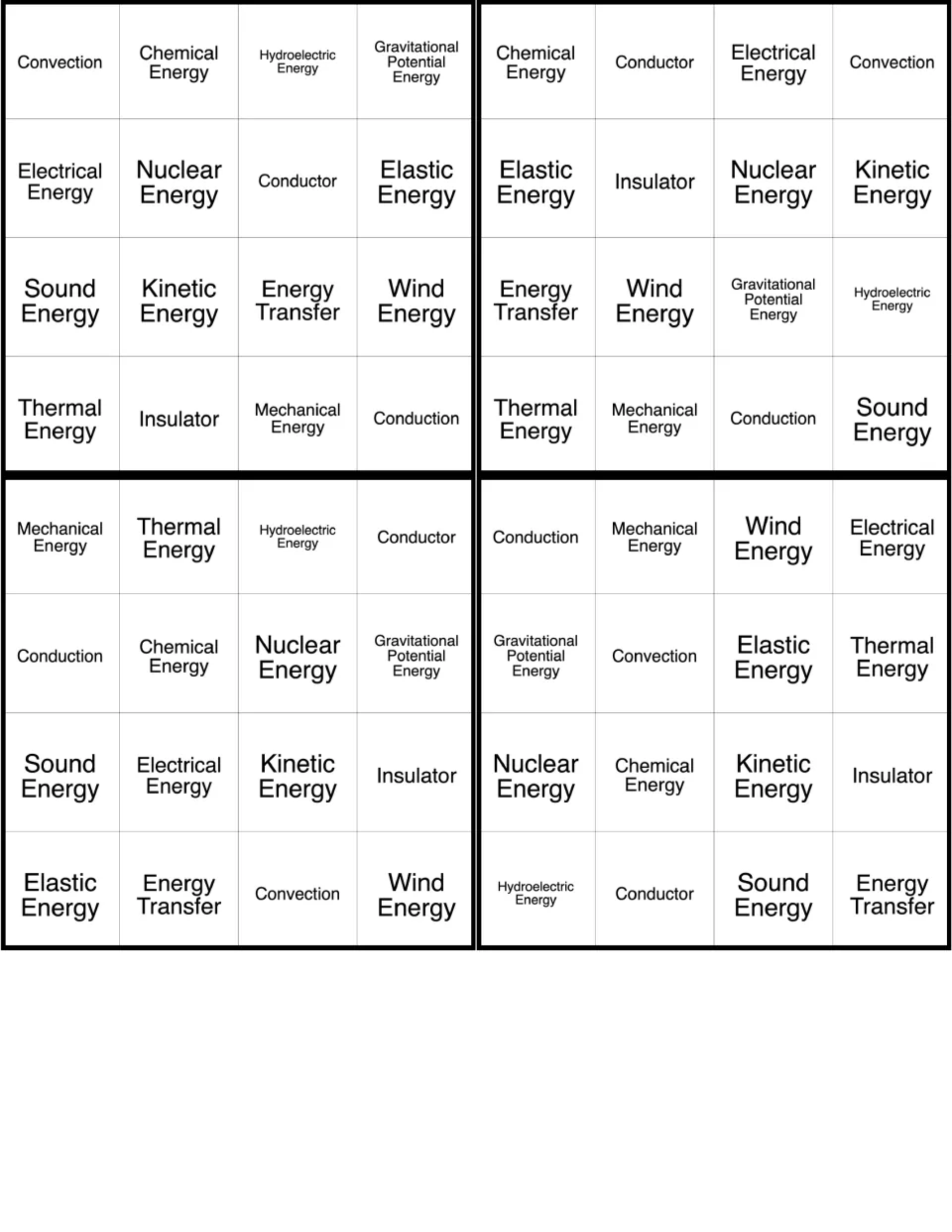 Energy BINGO cards 25–28 include convection, chemical energy, hydroelectric energy and 13 more terms.