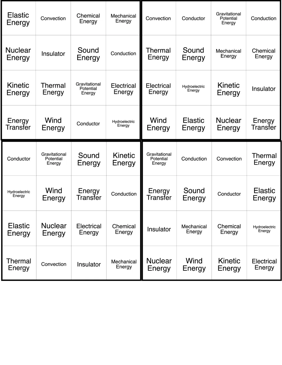 Energy BINGO cards 29–32 include elastic energy, convection, chemical energy and 13 more terms.