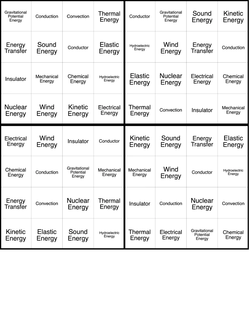 Energy BINGO cards 33–36 include gravitational potential energy, conduction, convection and 13 more terms.