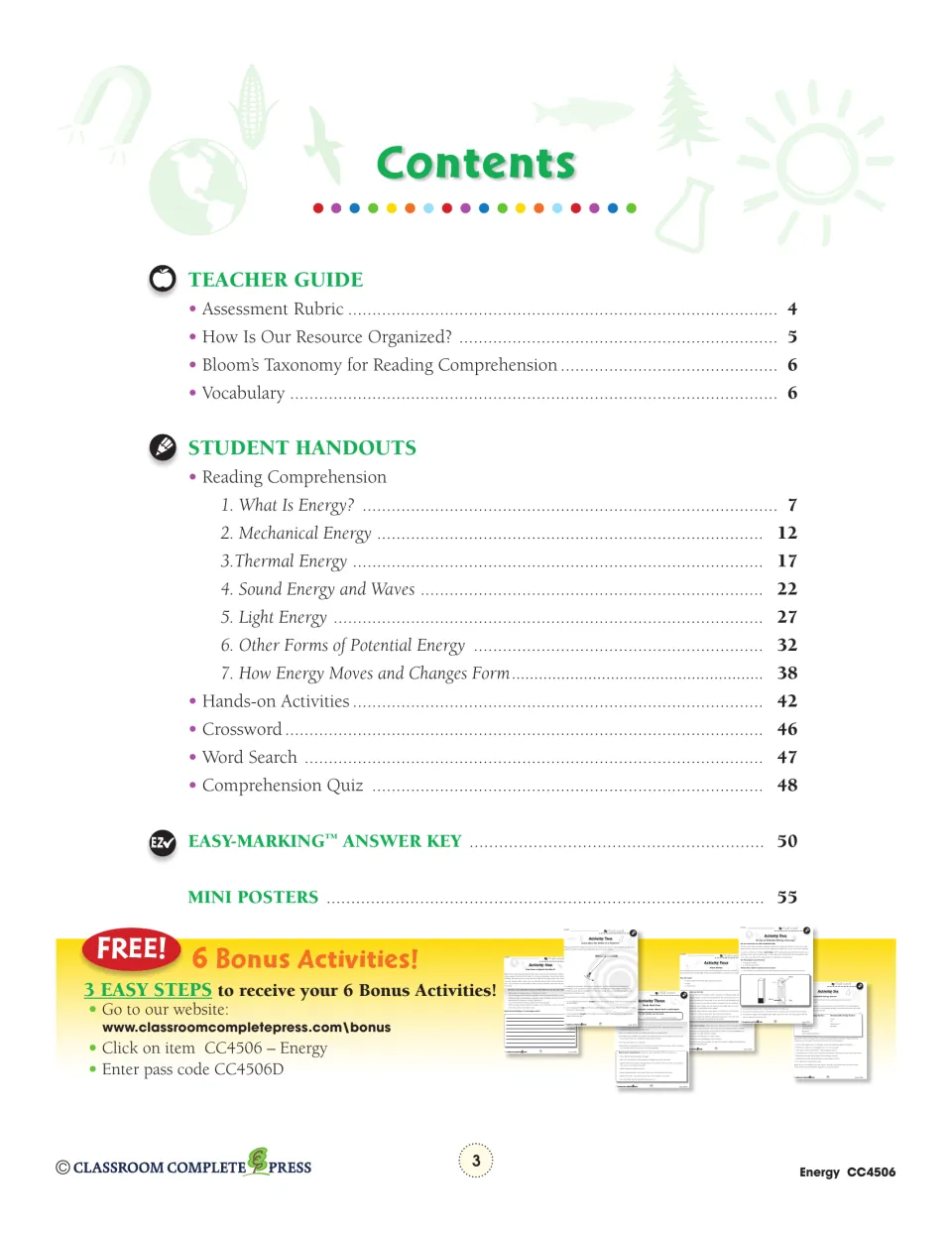 Contents listing the teacher guide, seven reading sections on energy types, activities, quiz and answer key