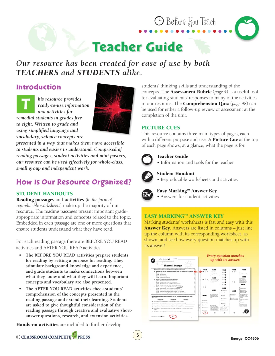Teacher guide explaining the before and after you read activities, picture cues and the Easy Marking answer key