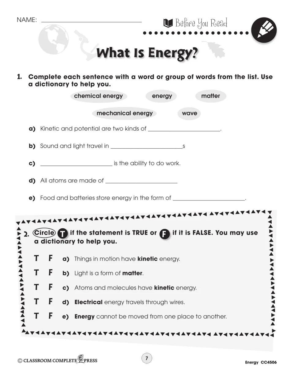 Before You Read, 'What Is Energy?': word-bank sentences (matter, wave, energy) and five true-or-false items