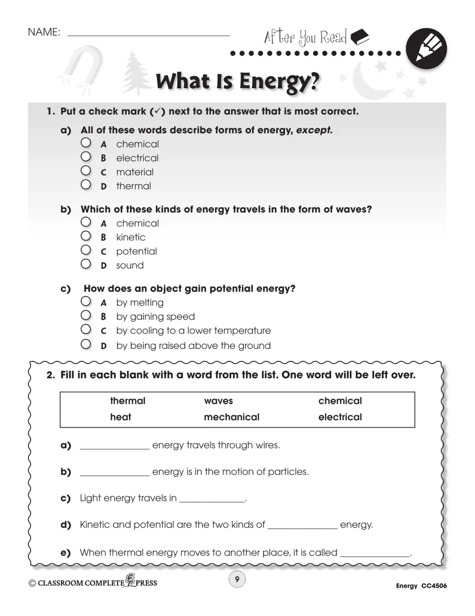 After You Read, 'What Is Energy?': three multiple-choice questions and five word-bank blanks (thermal, waves, heat)