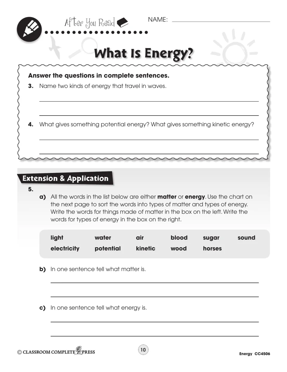 Short answers on wave energy and potential energy, then sort light, water, sugar and more into matter or energy