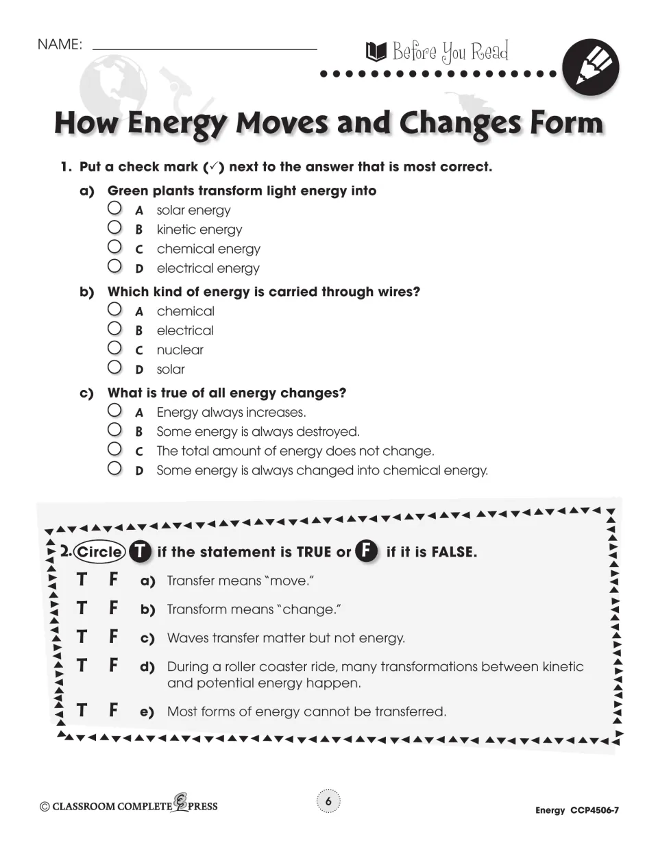 Before You Read: 3 multiple-choice questions on energy and 5 true/false items, e.g. 'Transform means change'