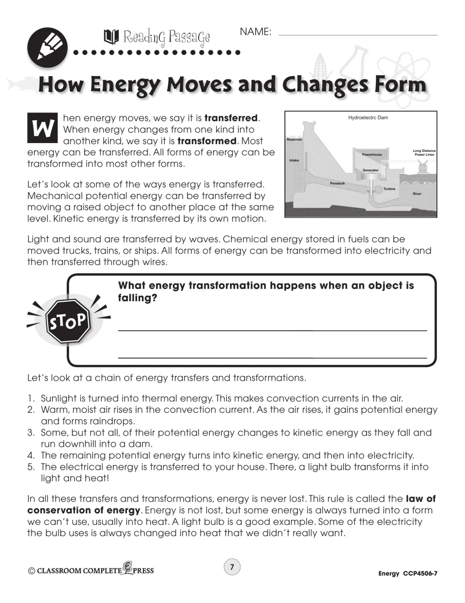 Reading passage defining energy transfer and transformation, with a hydroelectric dam diagram and conservation law