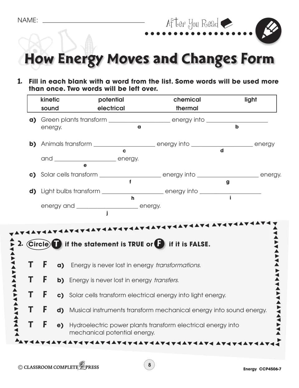 After You Read: fill-in energy changes for plants, animals, solar cells and light bulbs, then 5 true/false items
