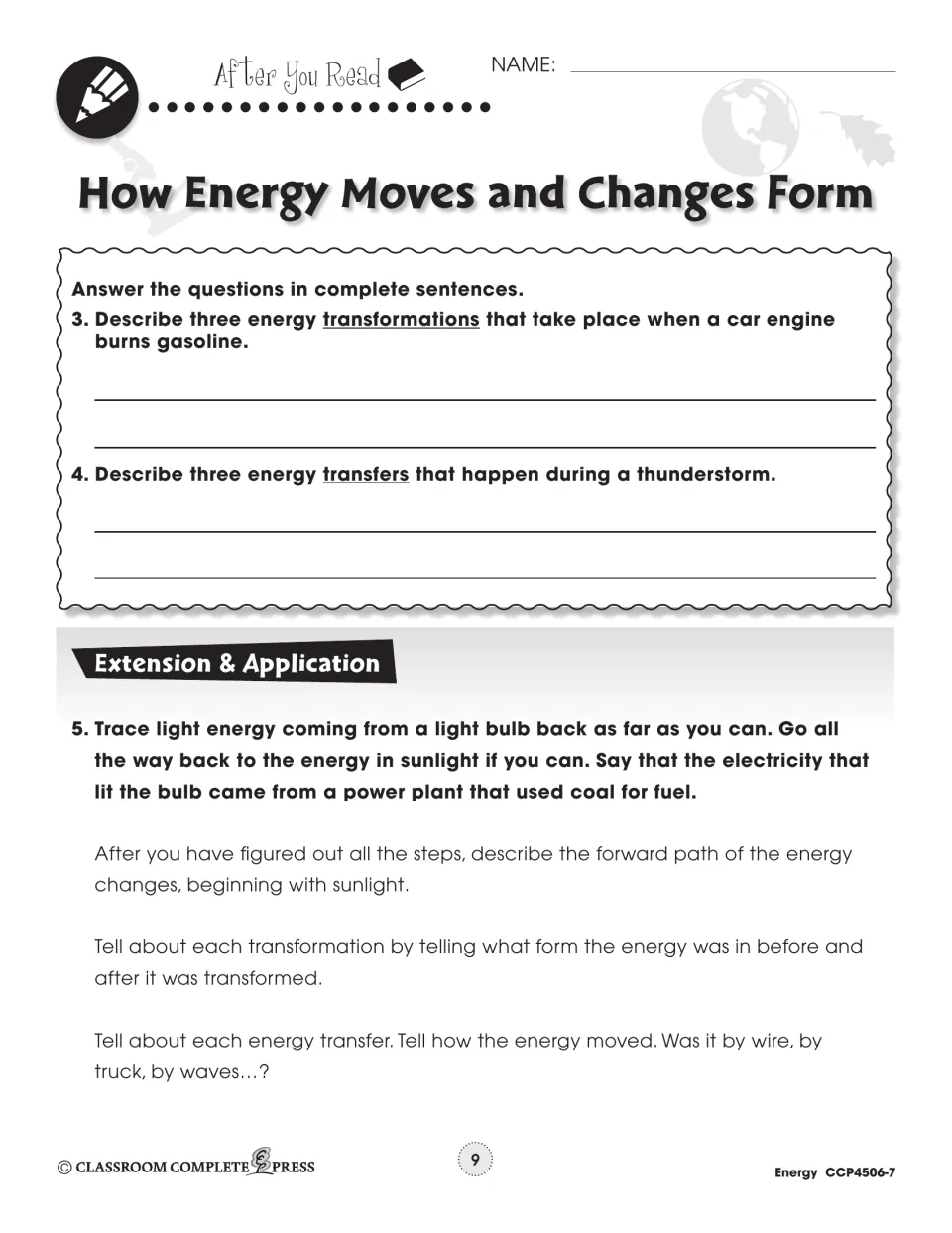 After You Read: car engine and thunderstorm questions, and an extension tracing light bulb energy back to sunlight