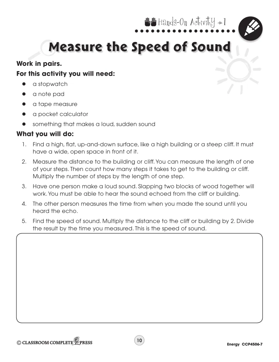 Hands-On Activity #1, Measure the Speed of Sound: pairs time an echo off a building or cliff and calculate speed
