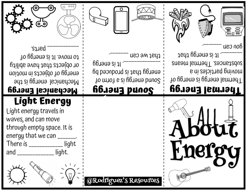 All About Energy foldable: students fill in blanks on light, thermal, sound and mechanical energy beside example pictures