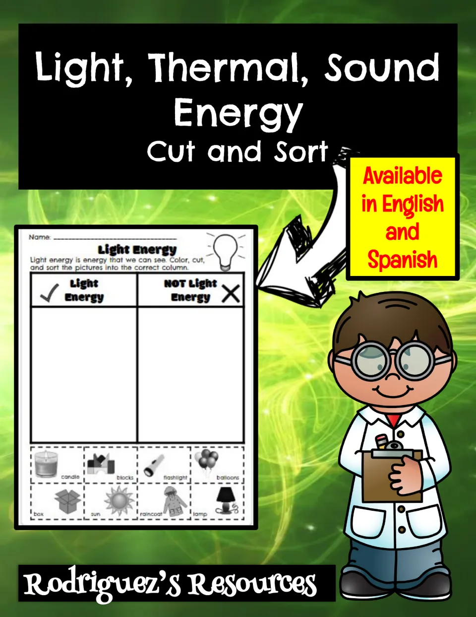 Cover of the light, thermal, and sound energy cut-and-sort resource, available in English and Spanish