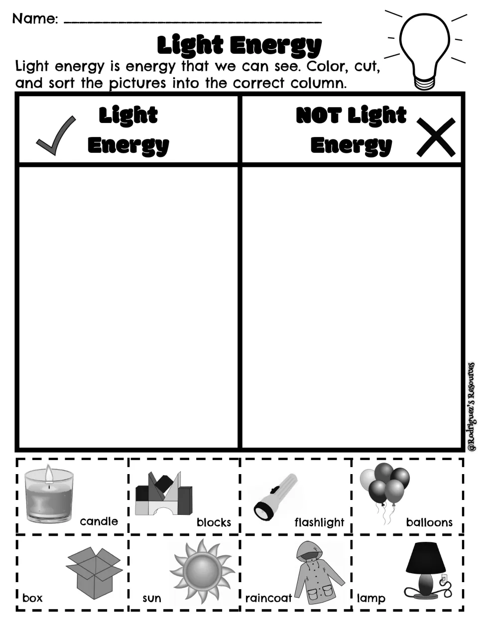 Light energy cut-and-sort worksheet in English: eight labeled pictures including a candle, flashlight, and sun