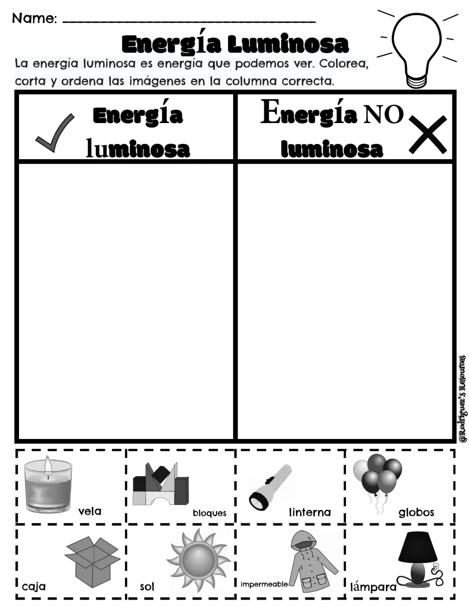 Spanish light energy cut-and-sort worksheet: eight pictures including vela (candle) and linterna (flashlight)