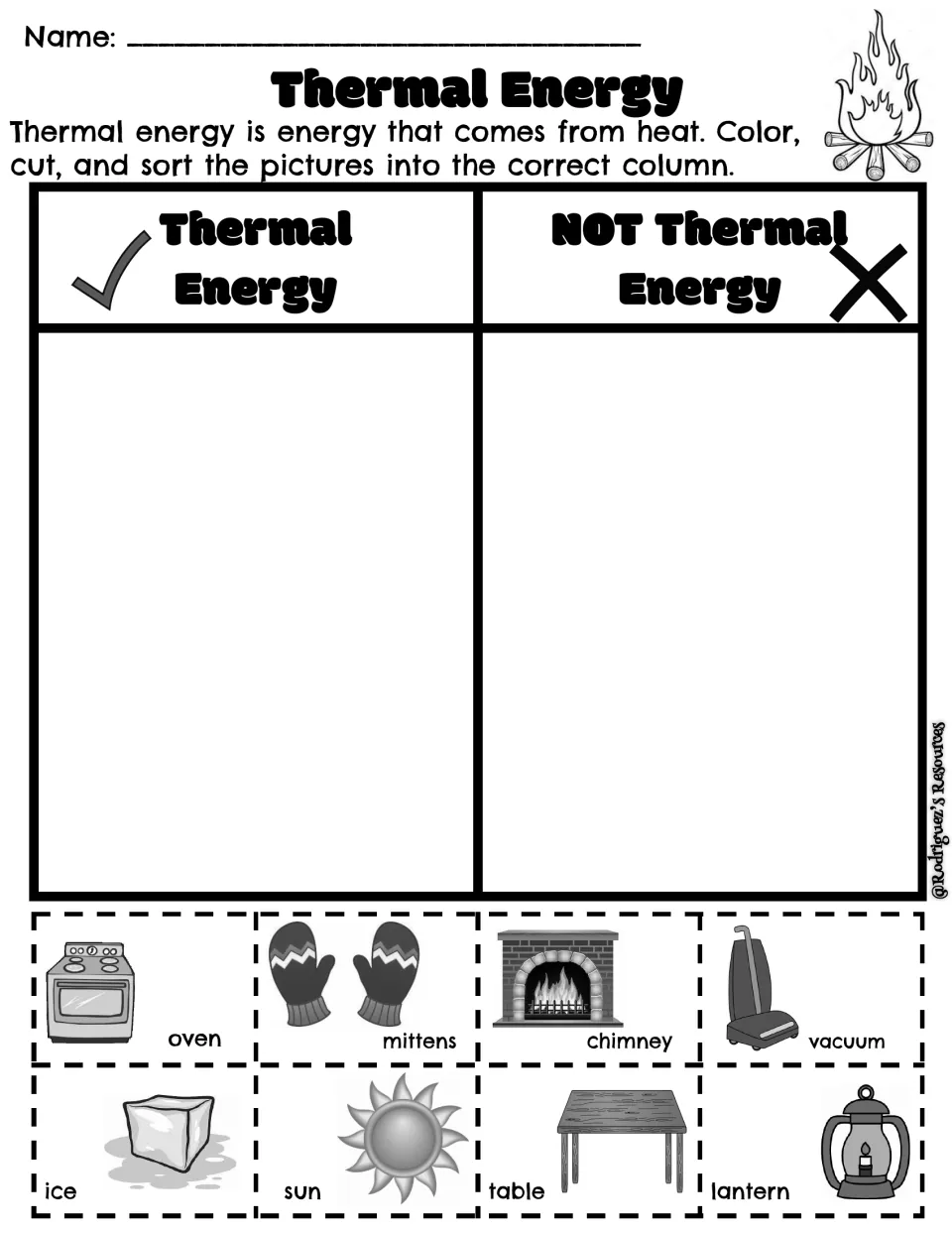 Thermal energy cut-and-sort worksheet in English: eight labeled pictures including an oven, mittens, and ice