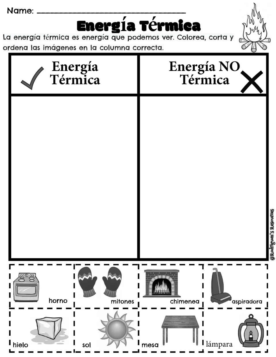 Spanish thermal energy cut-and-sort worksheet: eight labeled pictures including horno (oven) and hielo (ice)