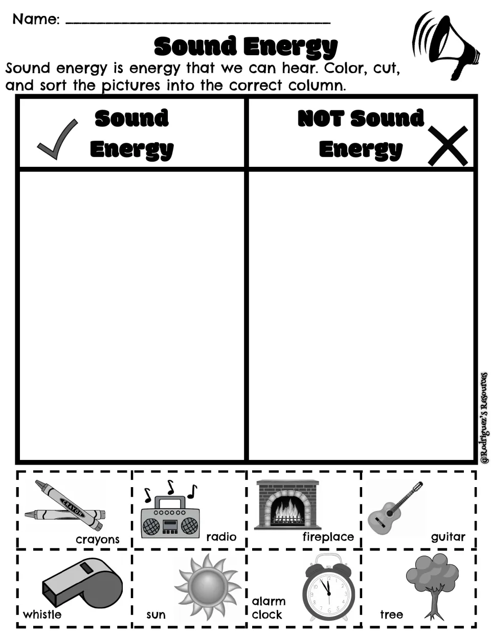 Sound energy cut-and-sort worksheet in English: eight labeled pictures including a radio, guitar, and whistle