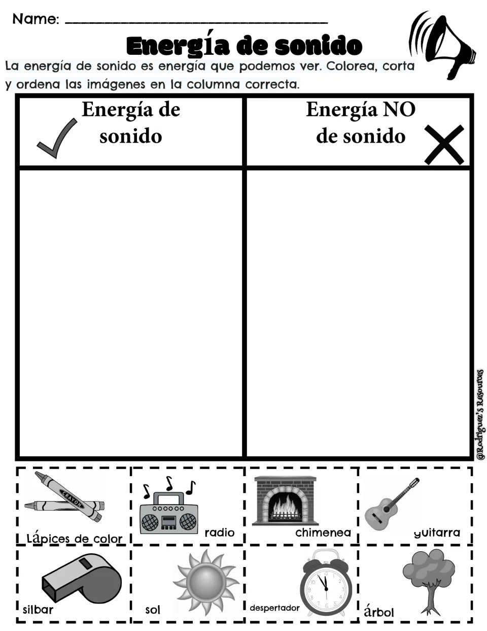 Spanish sound energy cut-and-sort worksheet: eight pictures including guitarra (guitar) and árbol (tree)
