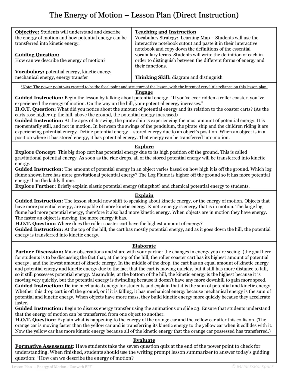 Energy of motion lesson plan: objective, vocabulary and Engage-to-Evaluate steps with roller coaster and log flume examples