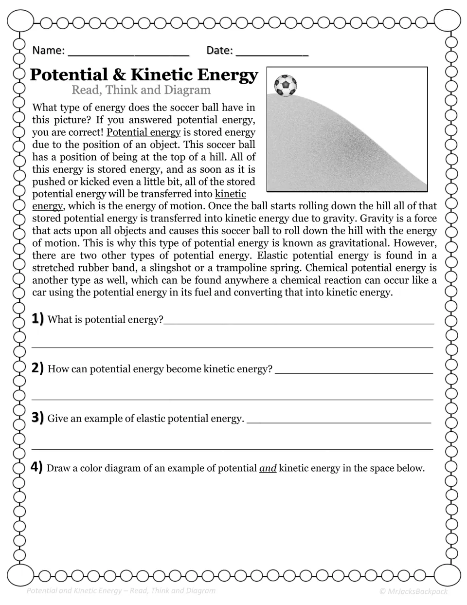 Potential and kinetic energy reading about a soccer ball on a hill; students answer 3 questions and draw a color diagram