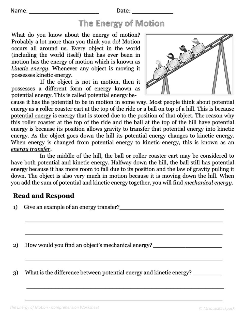 Energy of motion reading on kinetic, potential and mechanical energy; students answer 3 Read and Respond questions