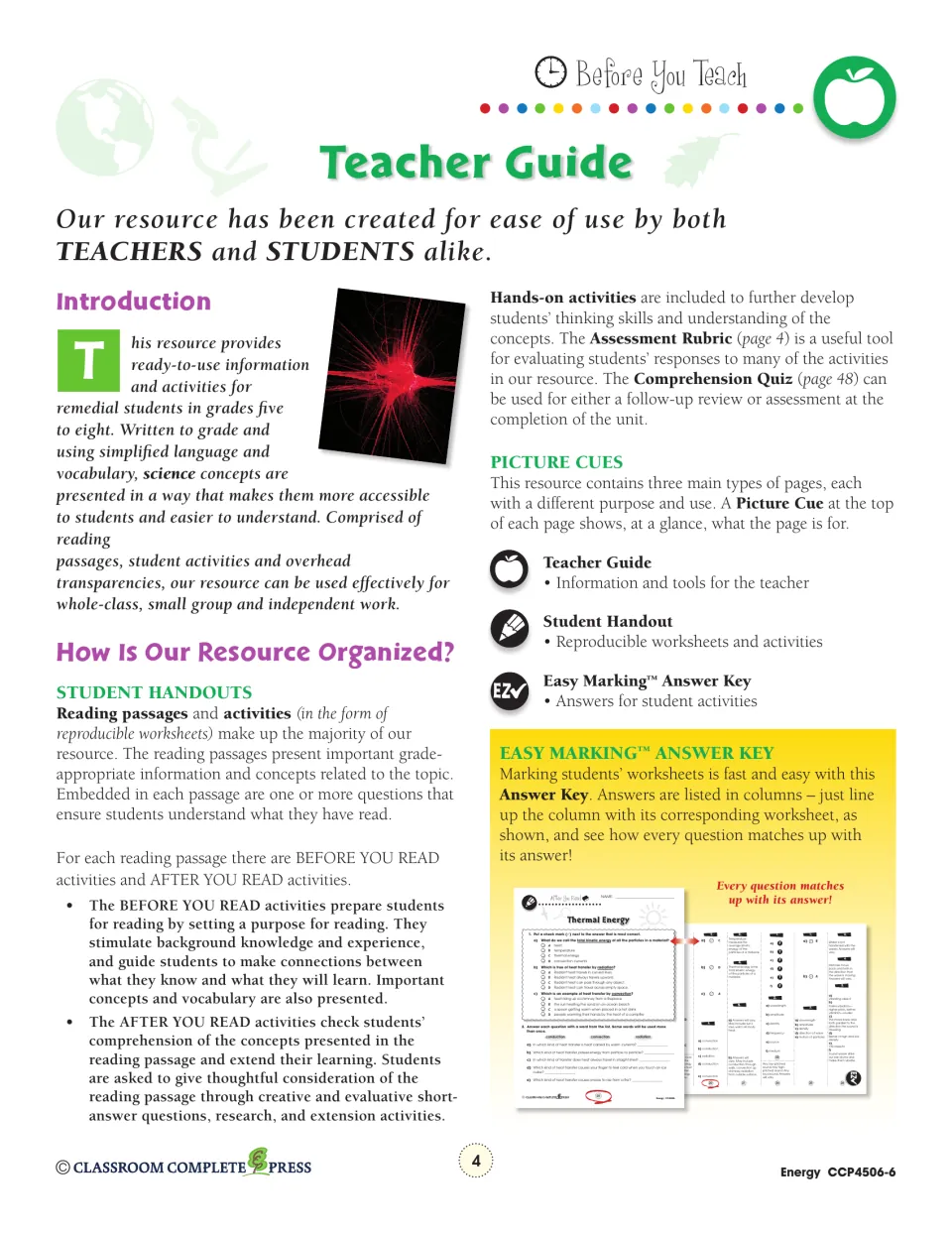 Teacher Guide introduction explaining reading passages, Before and After You Read activities and the answer key