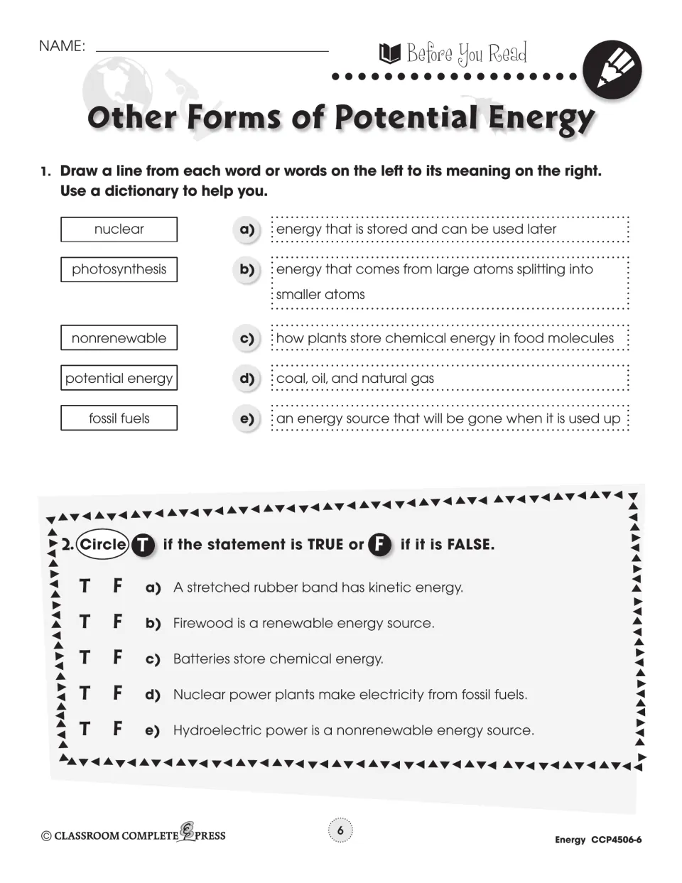 Before You Read: match nuclear, photosynthesis, fossil fuels and 2 more to meanings; 5 true/false items