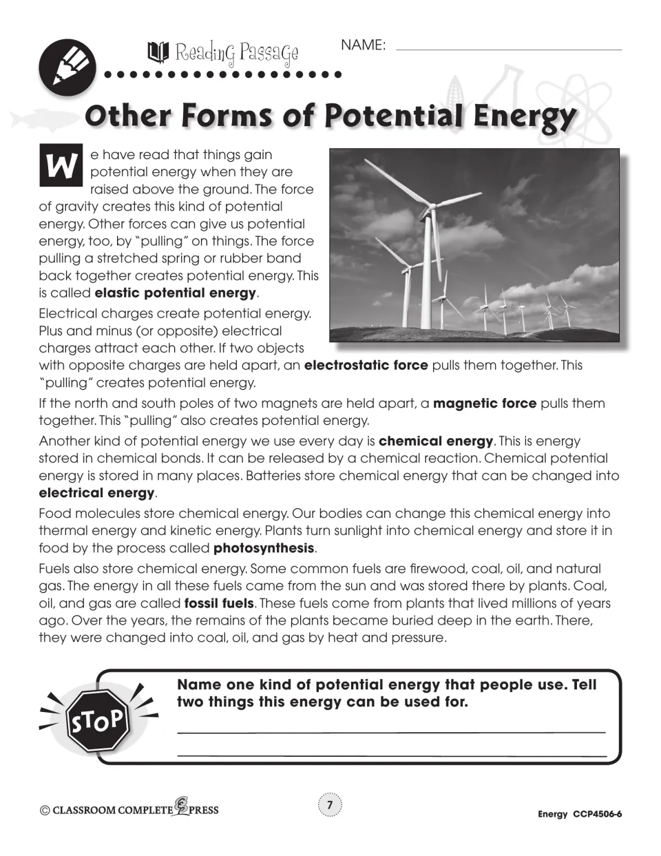 Reading passage part 1 on elastic, electrostatic, magnetic and chemical potential energy, with a wind turbine photo
