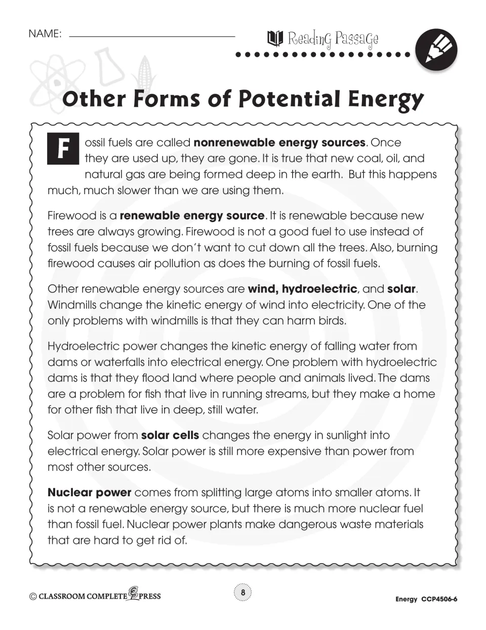 Reading passage part 2 on renewable and nonrenewable sources: firewood, wind, hydroelectric, solar and nuclear
