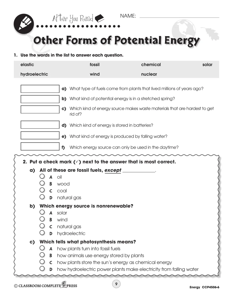 After You Read: 6 word-bank questions using elastic, fossil, solar and more, plus 3 multiple-choice items