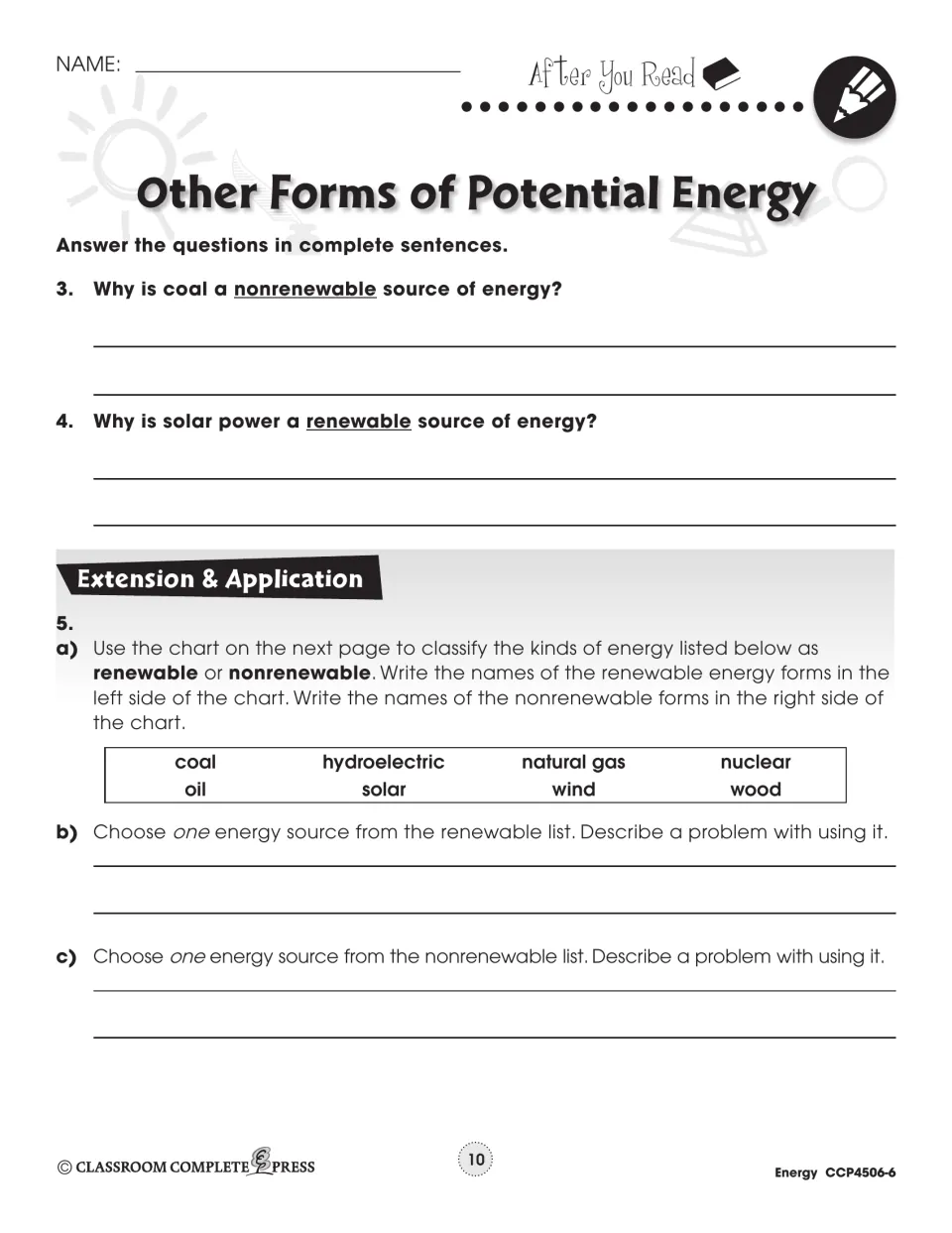 After You Read: why coal is nonrenewable and solar is renewable, then sort coal, wind, wood and 5 more sources