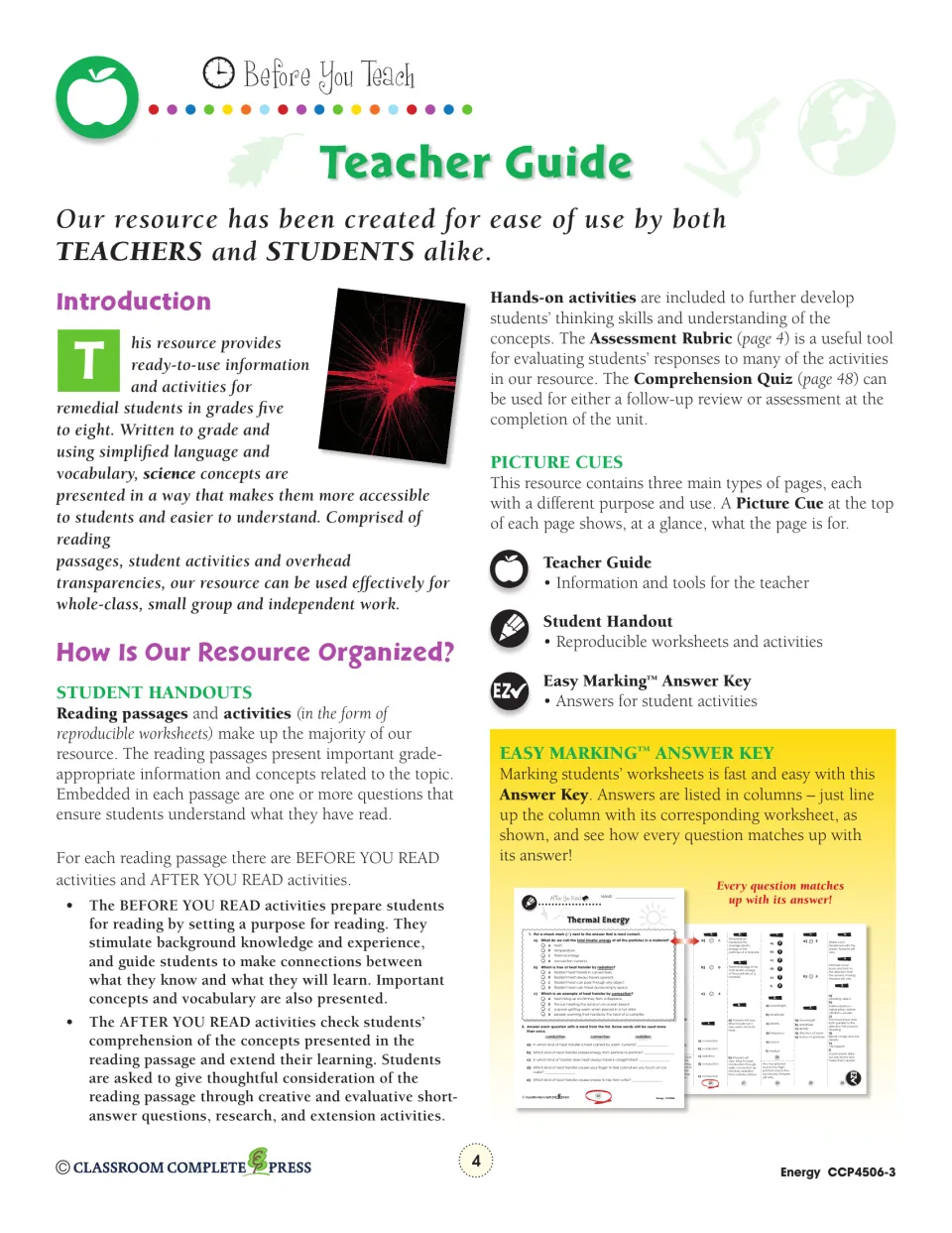 Teacher guide explaining student handouts, Before and After You Read activities, picture cues and the answer key