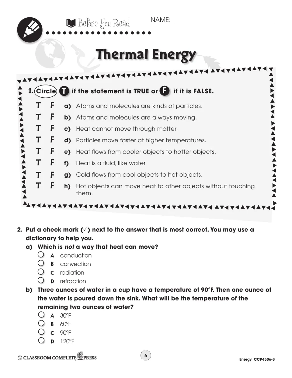 Before You Read page: 8 true-or-false statements about heat and particles, plus 2 multiple-choice questions