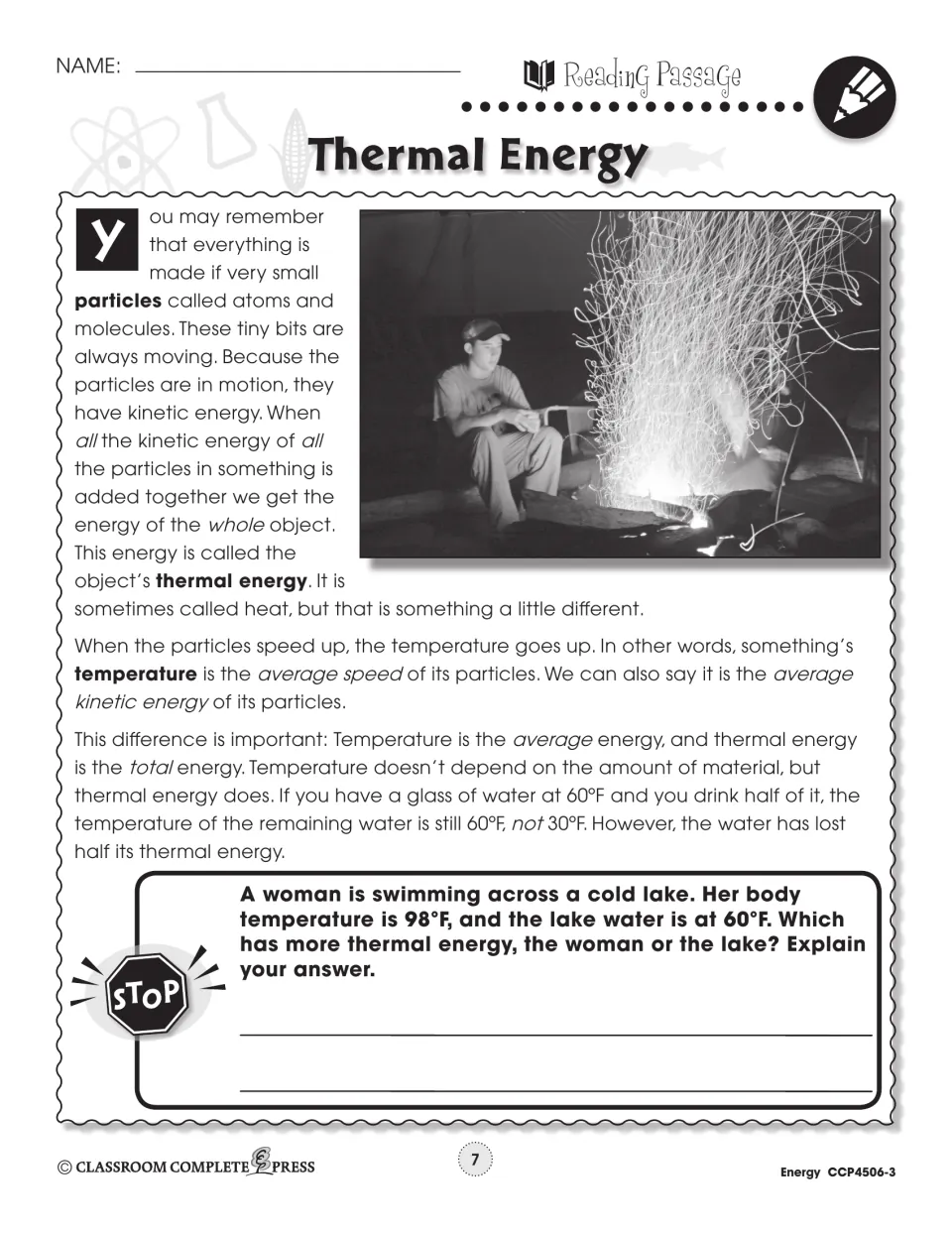 Reading passage part 1 on particles, kinetic energy and temperature, with a campfire photo and a STOP question