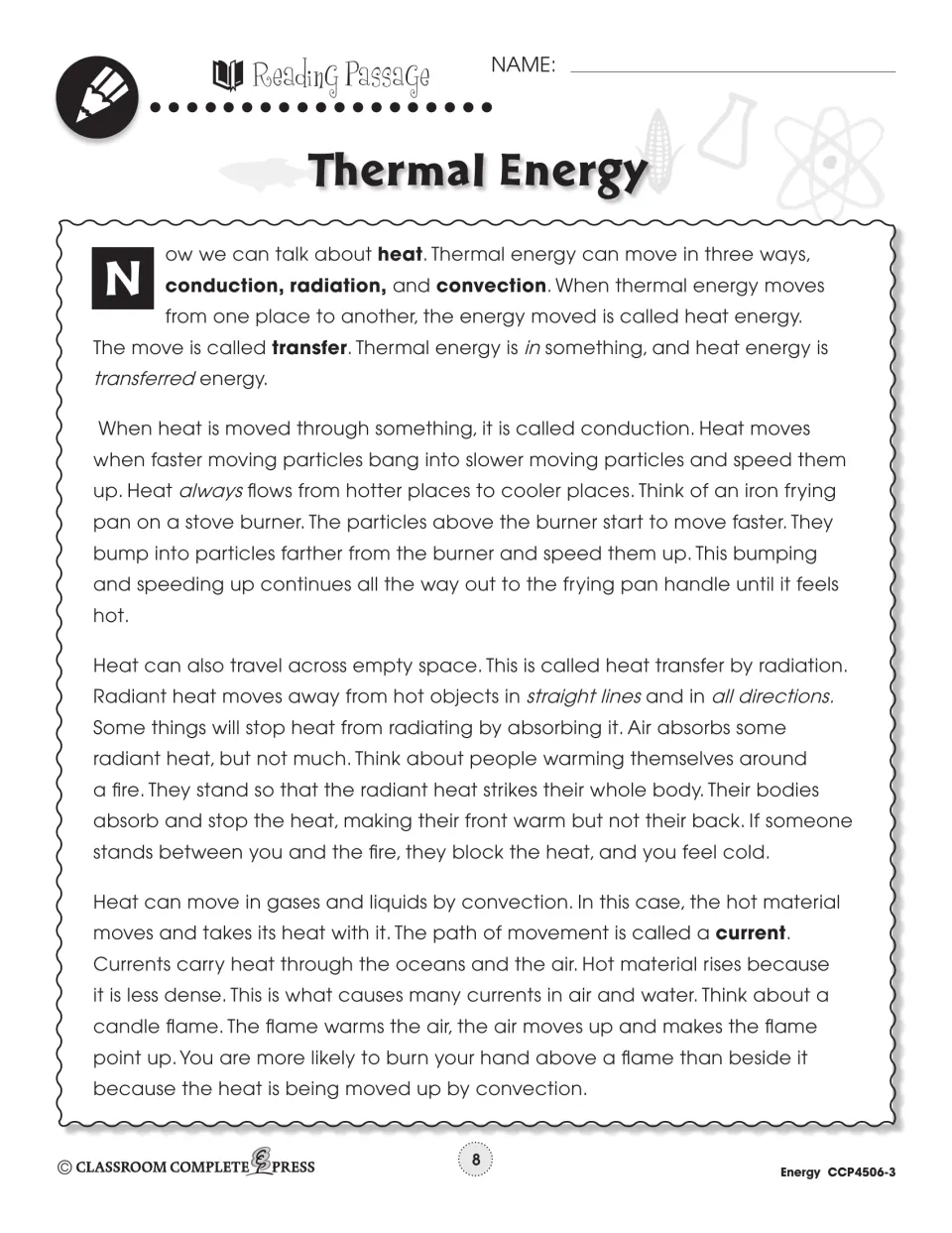Reading passage part 2 explaining heat transfer by conduction, radiation and convection, with a frying pan example