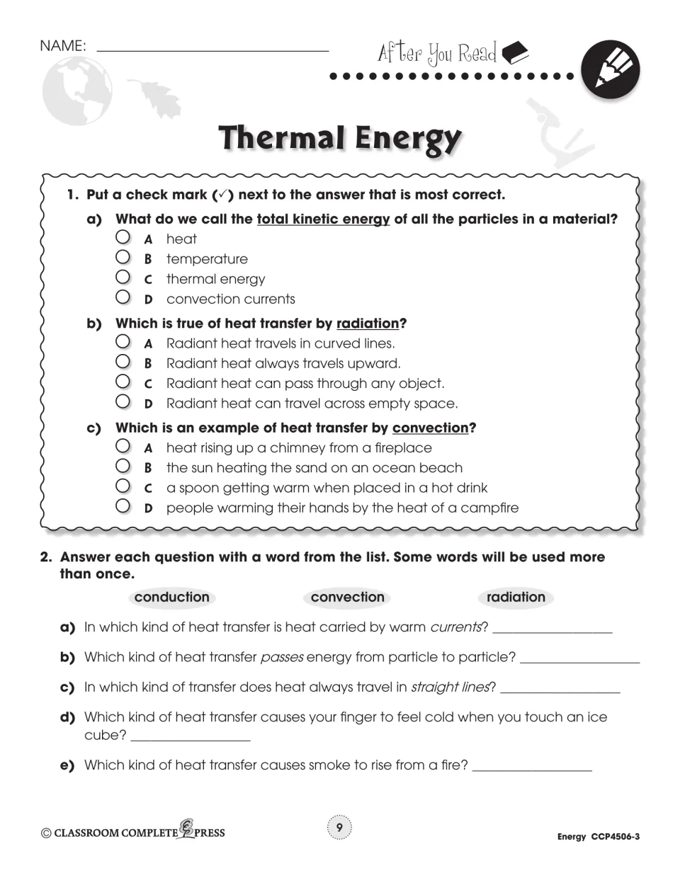 After You Read questions 1–2: multiple choice on thermal energy, then matching conduction, convection or radiation