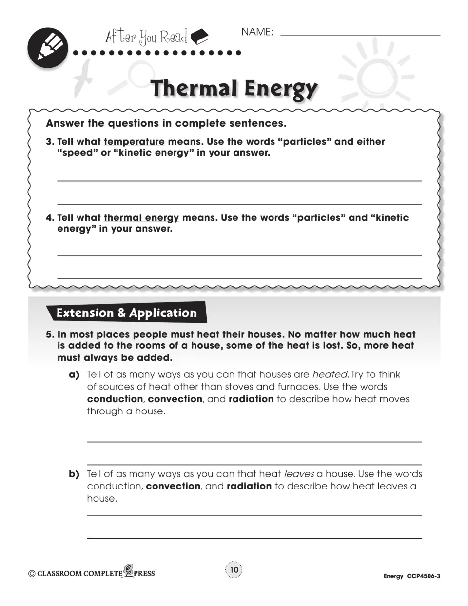 After You Read questions 3–5: define temperature and thermal energy, plus an extension on heating houses