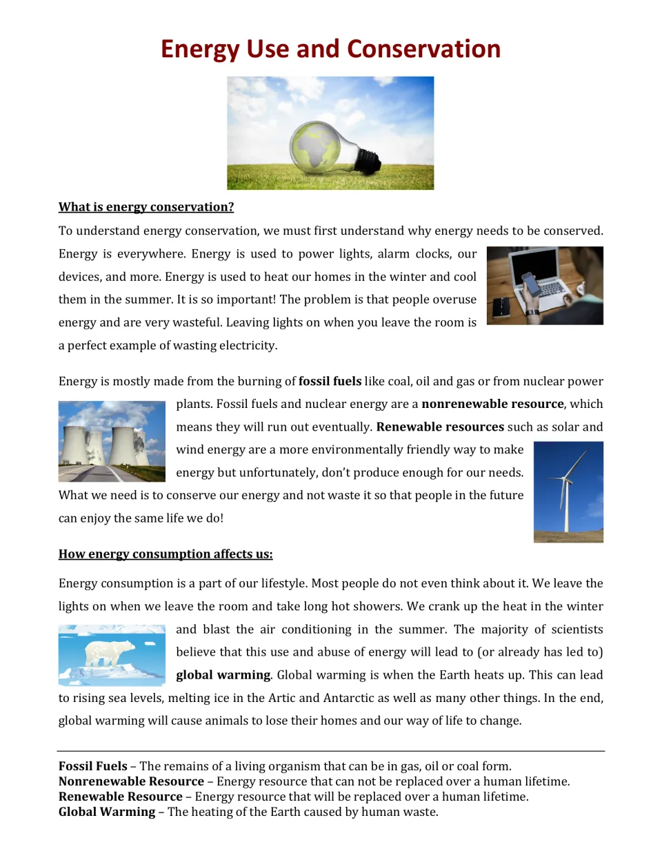 Energy conservation article: why to save energy, fossil fuels vs renewable resources, global warming, with a glossary
