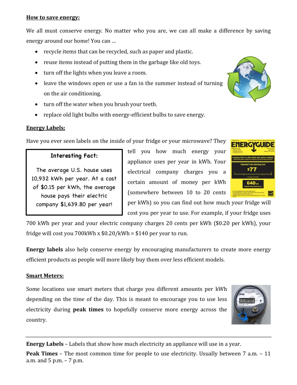 How to save energy: tips list, EnergyGuide labels with a $140 fridge cost example in kWh, and smart meters at peak times