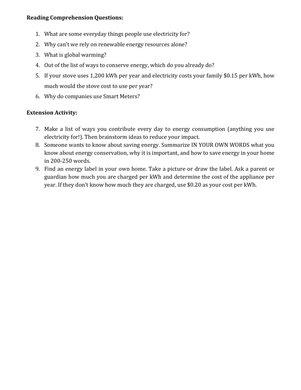 Reading comprehension: six questions on the article, incl. a stove kWh cost problem, plus three extension tasks