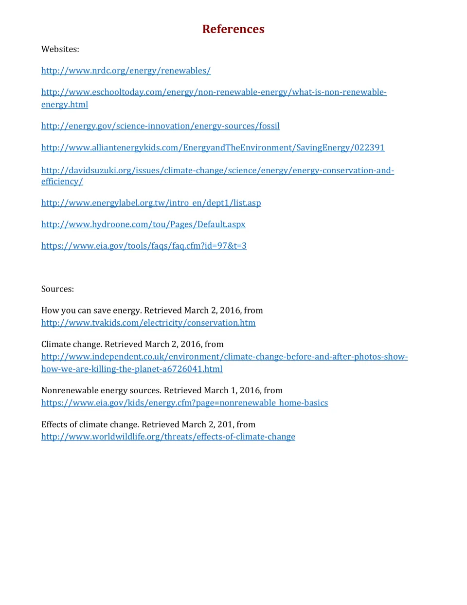References: website links and dated sources on renewable energy, fossil fuels, saving energy and climate change