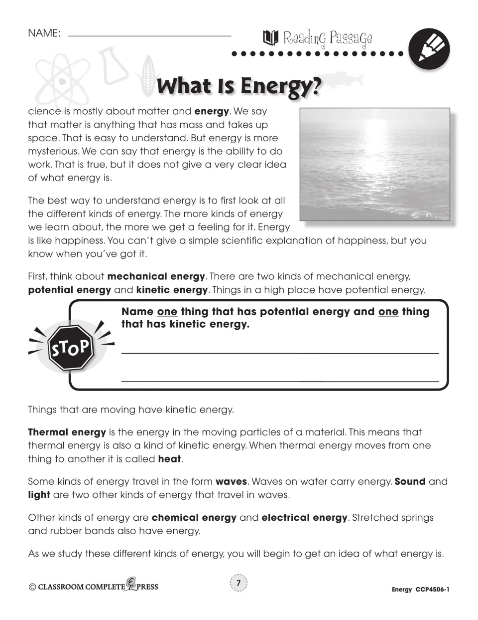 Reading passage: energy as the ability to do work, with mechanical, thermal, sound, light and chemical energy