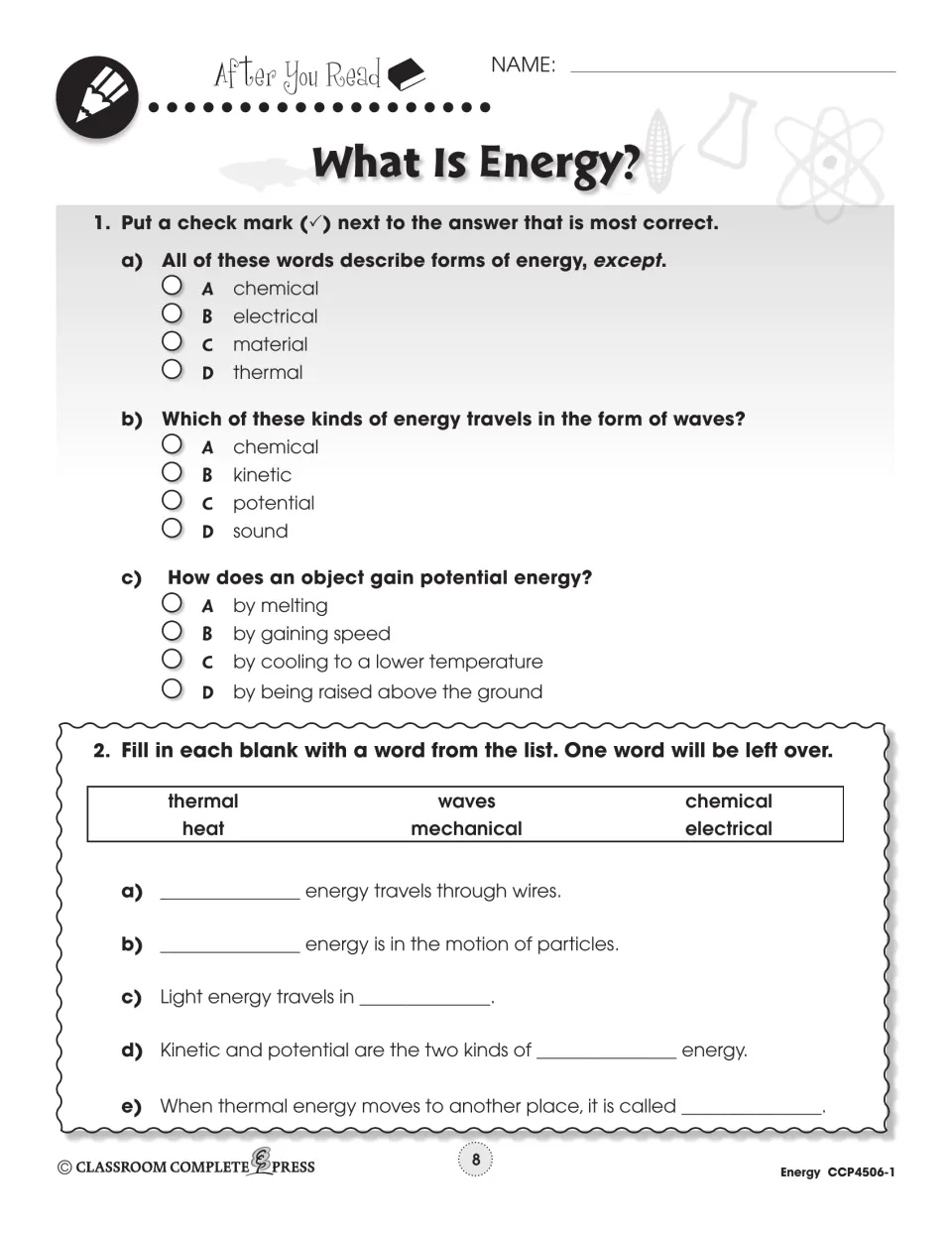 After You Read: multiple-choice on forms of energy and potential energy, plus fill-ins using thermal, waves, heat