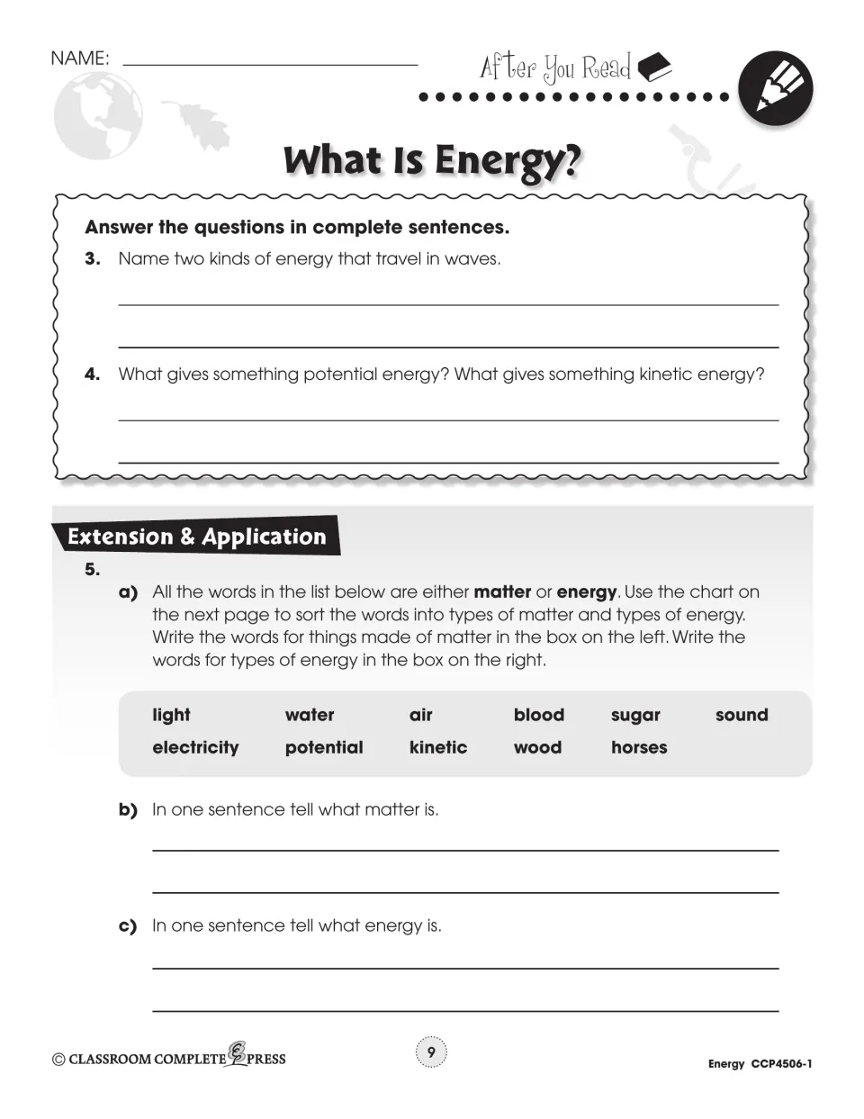 Questions 3–5 on waves and potential vs. kinetic energy, then sorting light, water and air into matter or energy