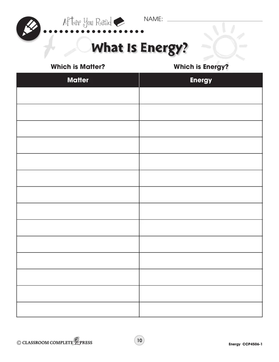 Sorting chart headed 'Which is Matter?' and 'Which is Energy?' for the 11 words in the extension task