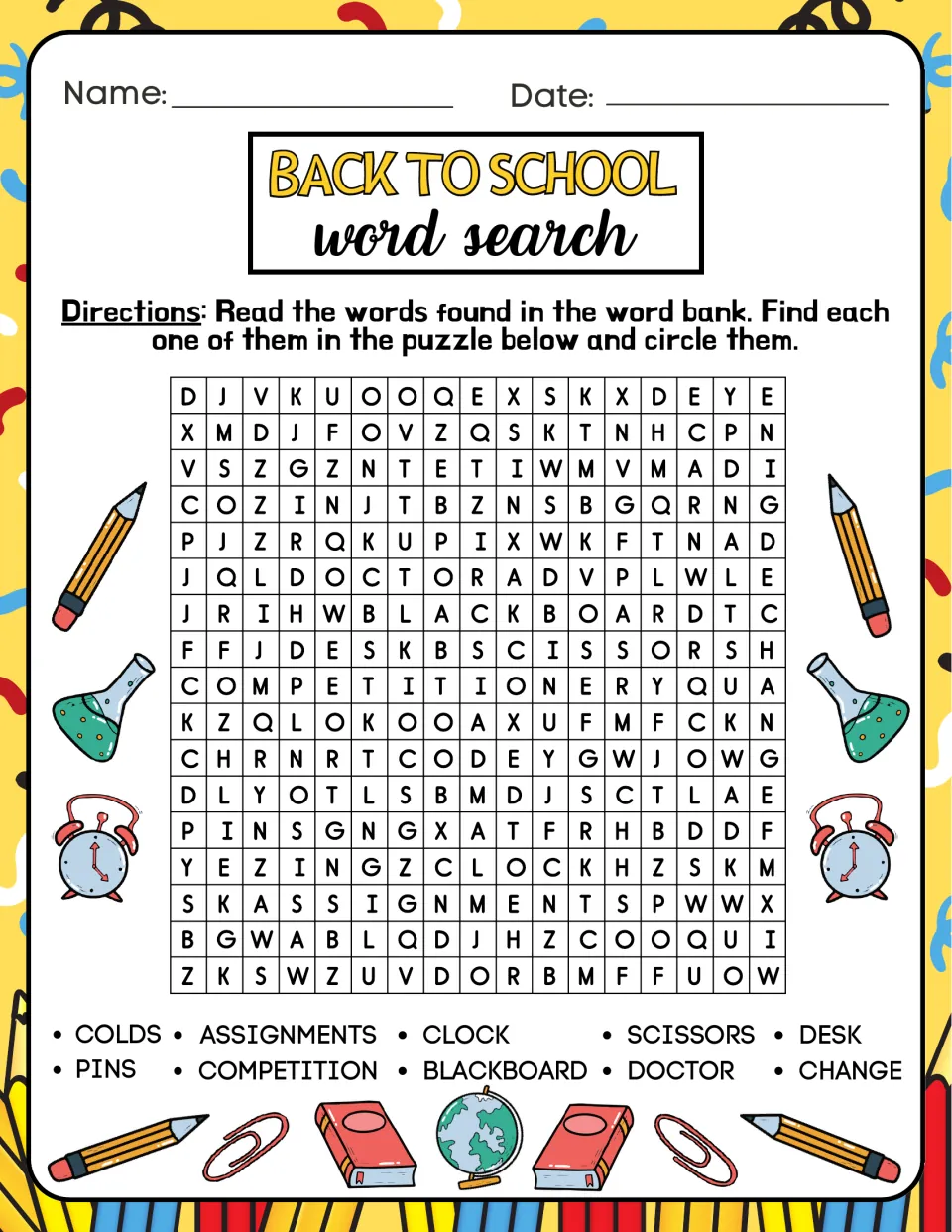 Back to school word search 1: students find and circle 10 words such as clock, scissors, blackboard, desk and assignments