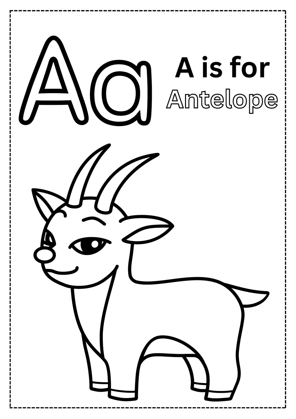 Letter A coloring page: students color hollow Aa letters, the outlined word Antelope and a smiling horned antelope